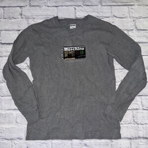 VTG Moschino Italy Gray Long Sleeve Graphic Tee Size XL Battery Cotton *FLAW*